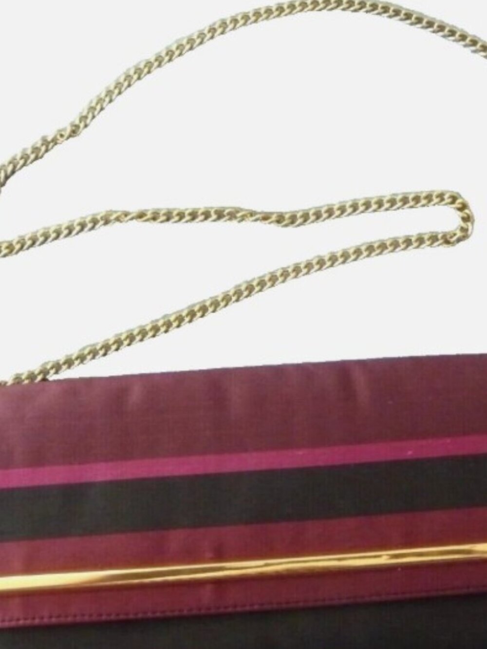 Talbots Shoulder Bag Clutch NEW 100% Silk Gold Removable Chain Dark Red Striped